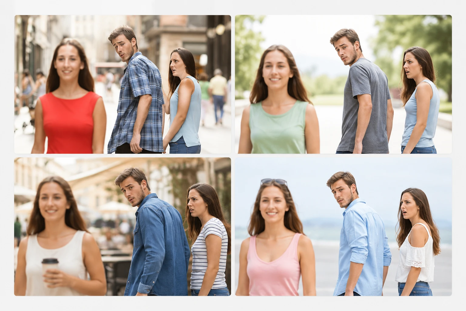 The AI drawing a full meme scene from scratch in several side by side versions