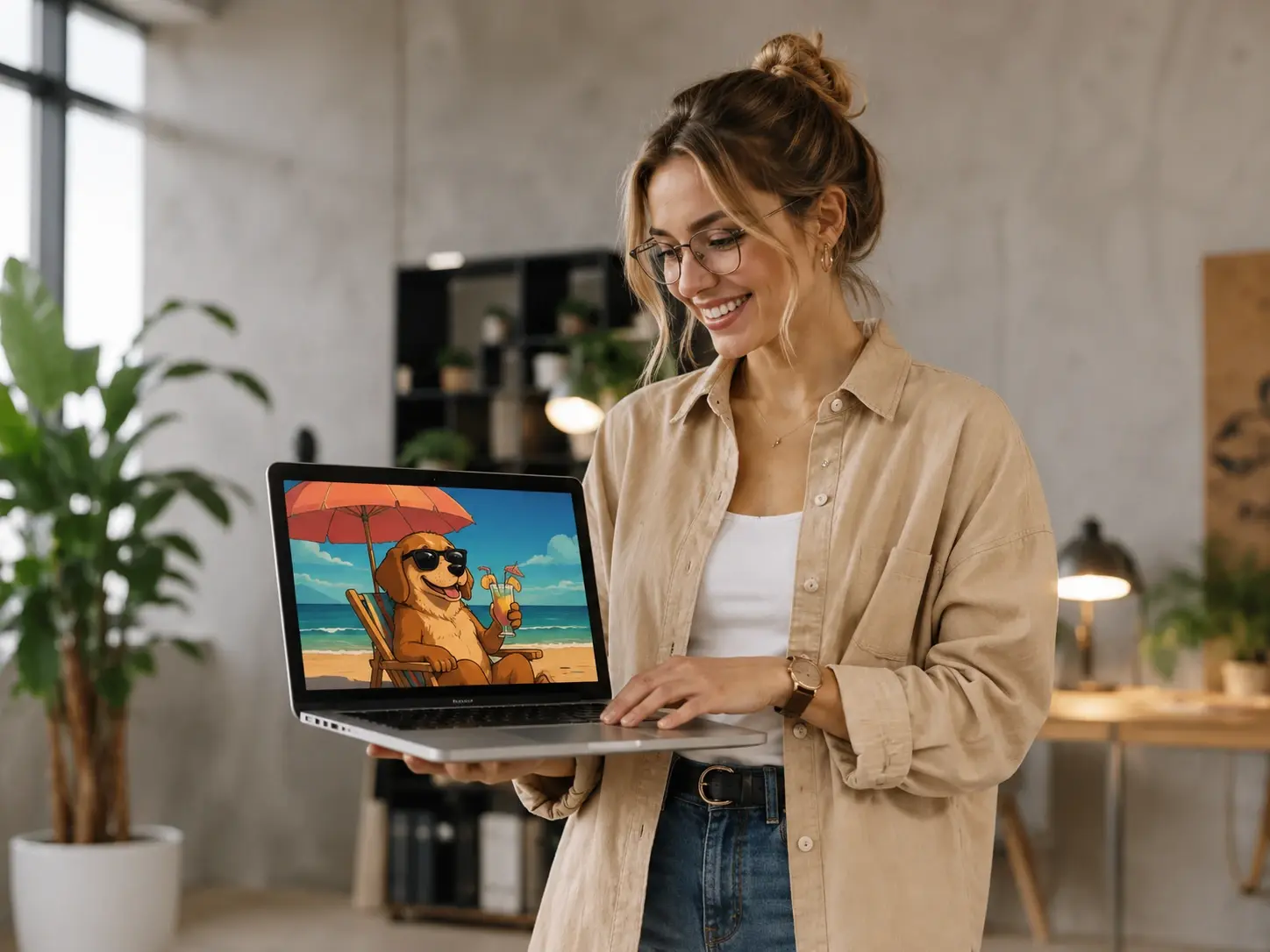 A social manager checking an original AI meme picture on a laptop before scheduling a post