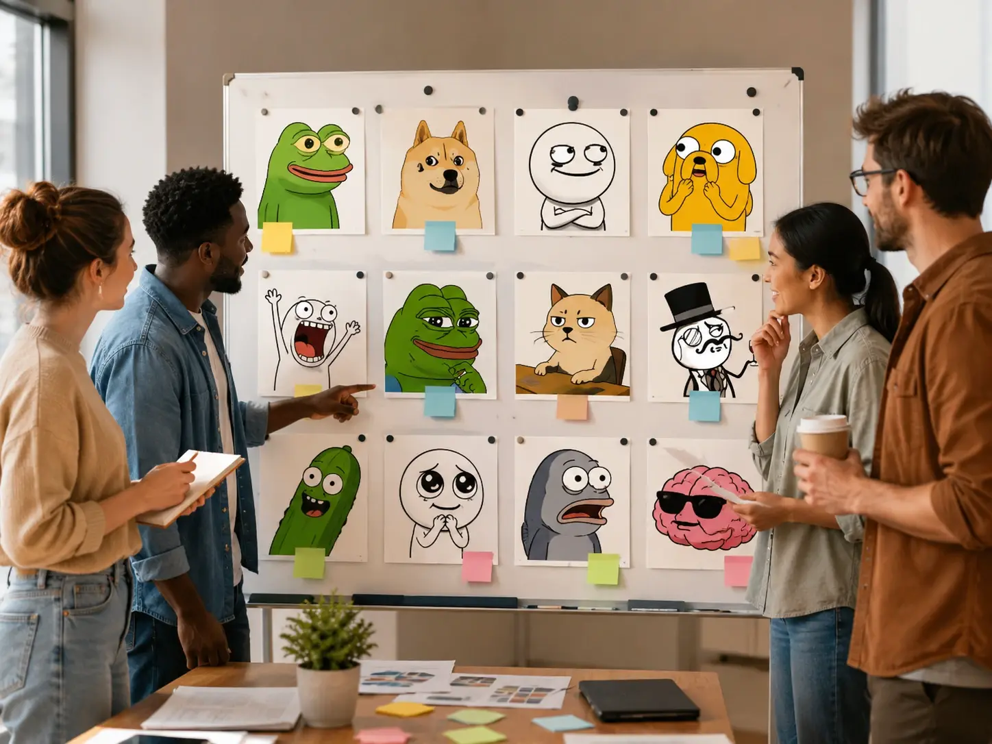 A marketing team picking an original AI drawn meme character for a paid campaign board
