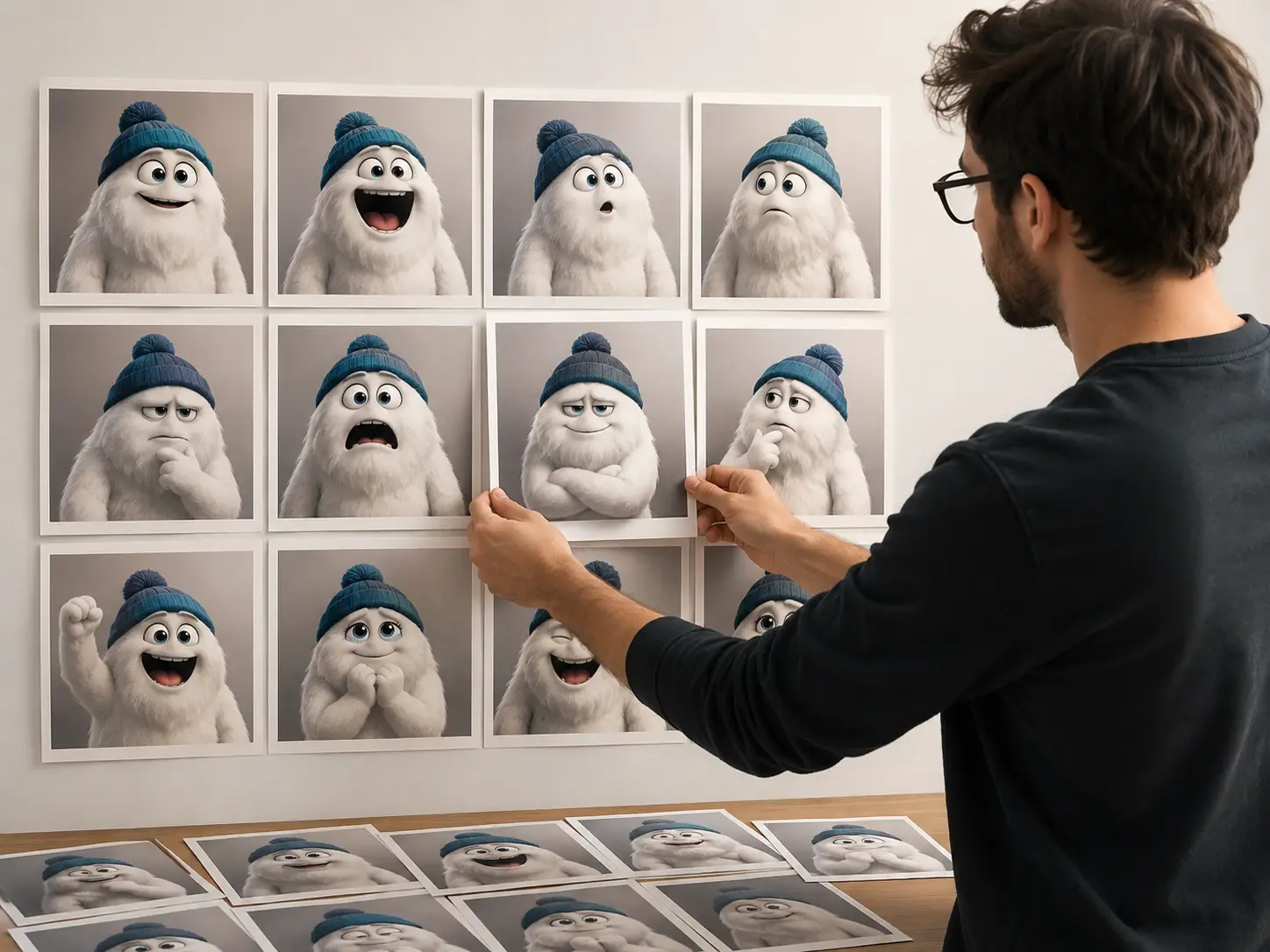 A creator lining up several versions of one AI meme character across a series grid
