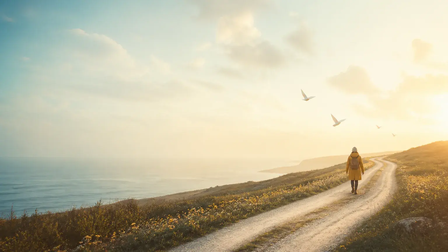Wide cinematic landscape with a traveler beginning a new short story
