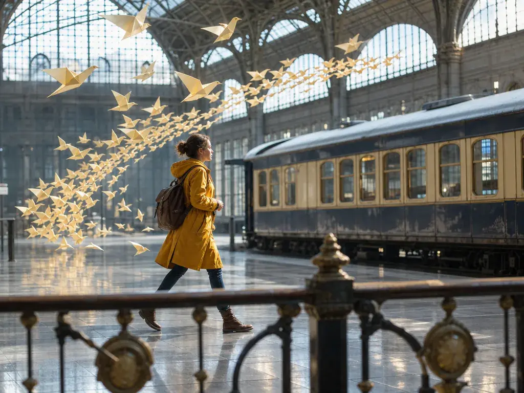 Cinematic sequence of a traveler directed across several connected shots