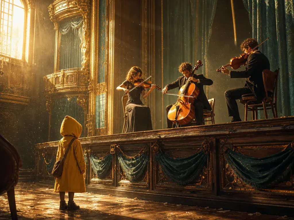 Cinematic performance scene with musicians and visual rhythm cues
