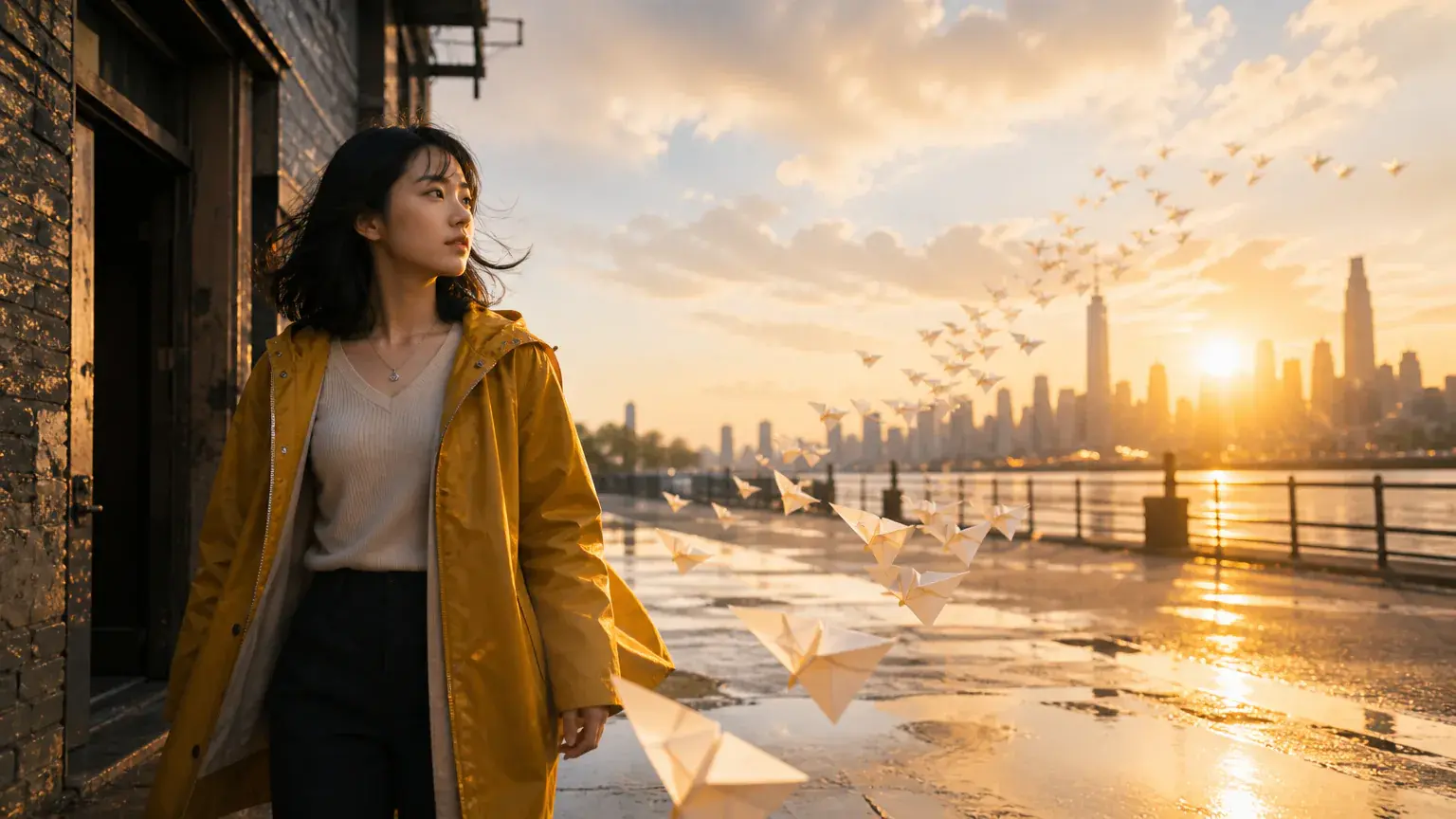 Cinematic AI movie sequence with a recurring traveler moving through connected city scenes