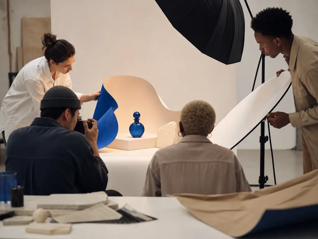 Brand studio reviewing connected product story scenes in a bright workspace