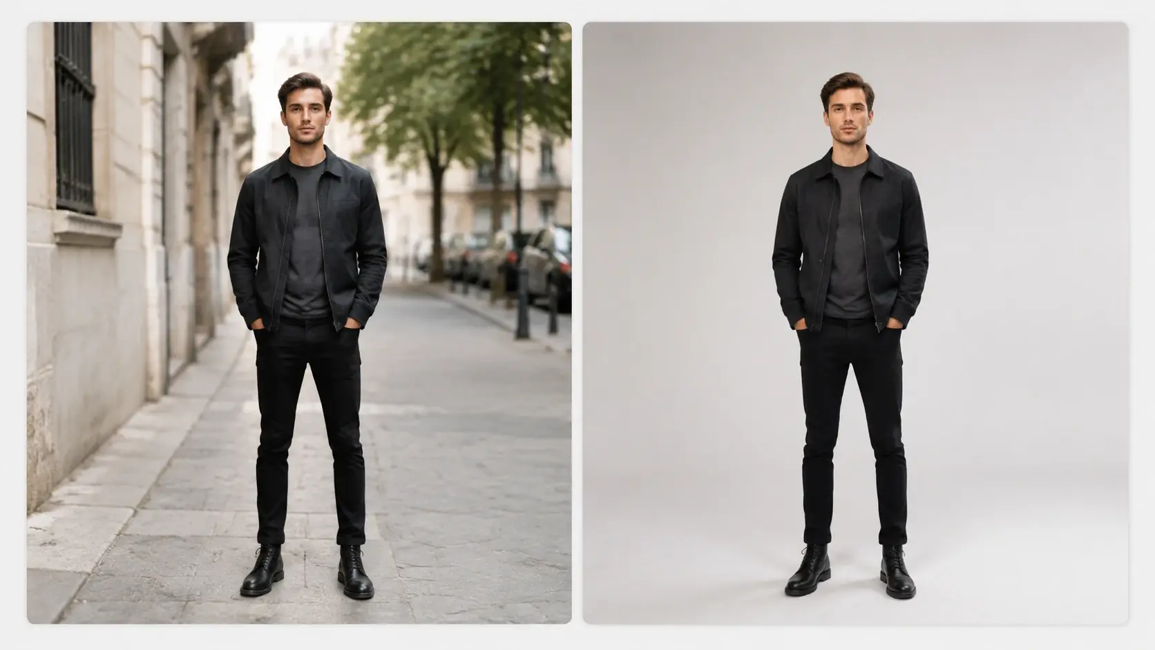 Two plain photos side by side showing an original street portrait and the same portrait moved to a clean studio background