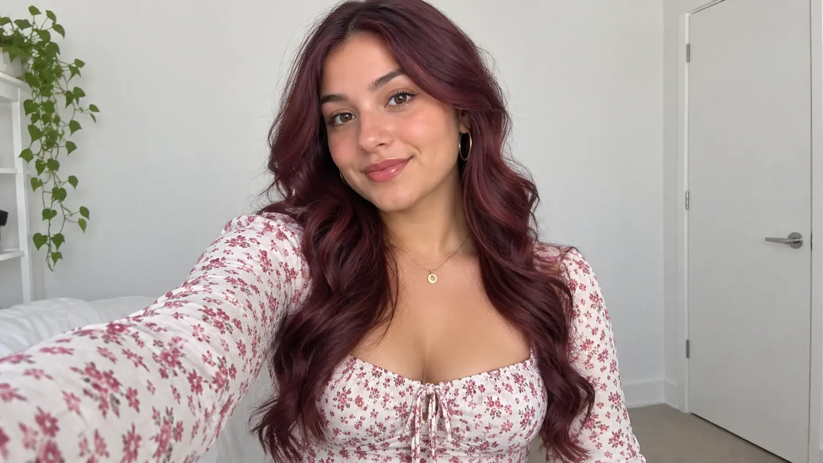 Selfie portrait restyled with a different outfit and hair color ready for a social post