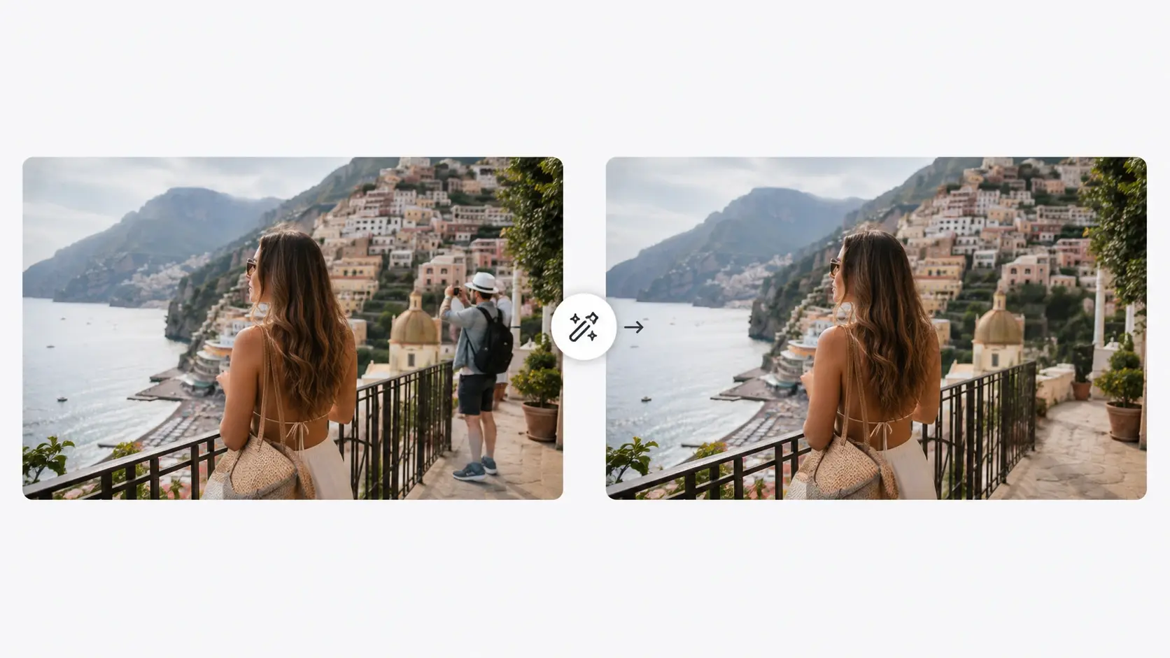 Travel photo shown before and after a bystander is erased and the background is rebuilt