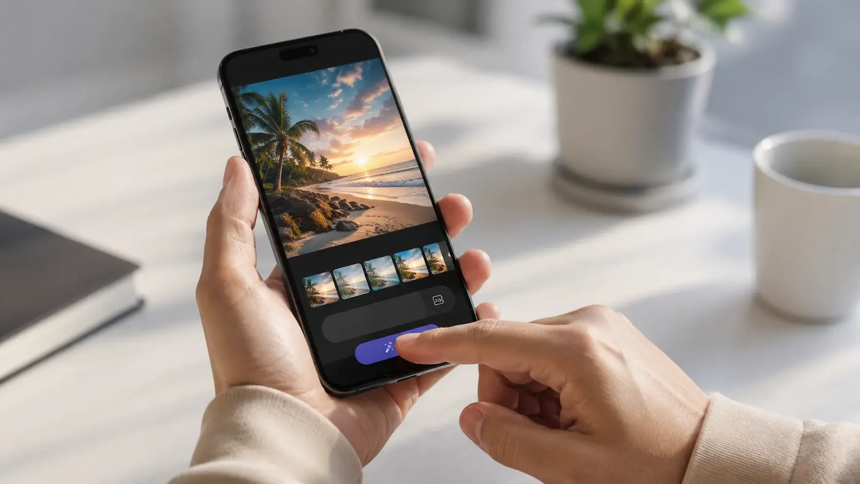 Creator editing a photo with ai photo editor prompts in a browser on a mobile device