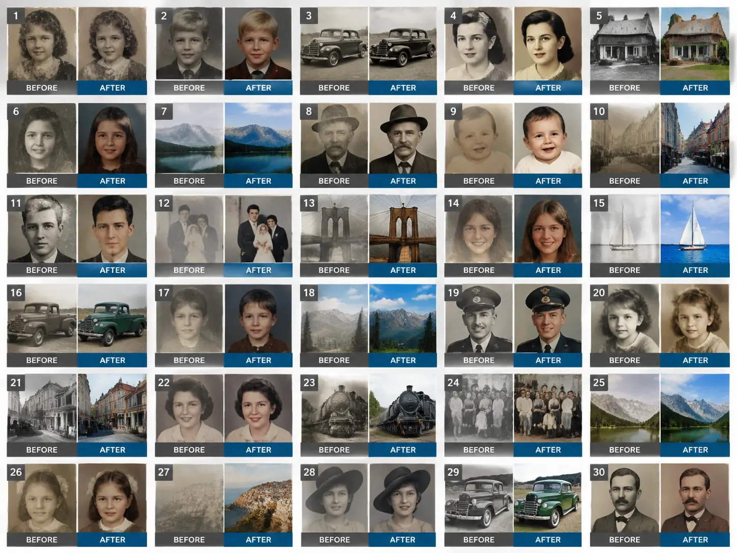 Workspace grid with 30 batch photo enhancement results ready to review