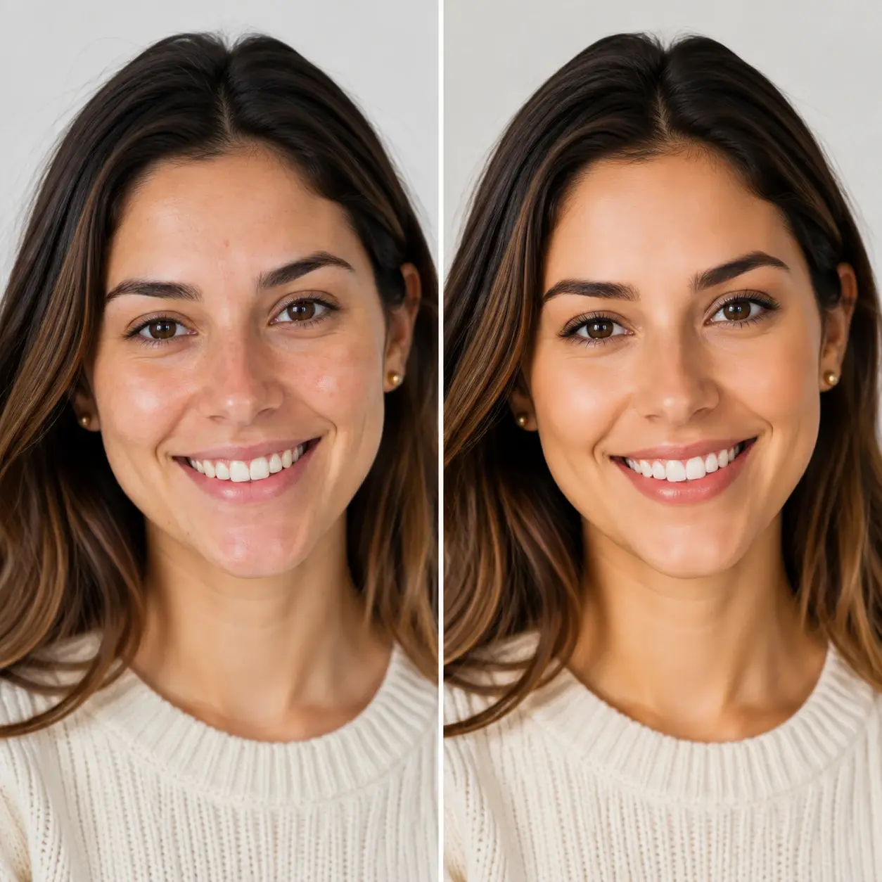 Before and after portrait showing sharper face detail and cleaner edges