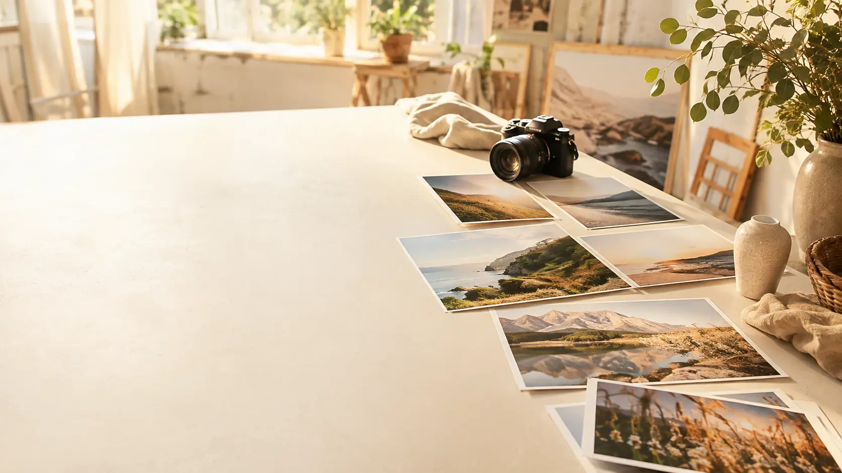 Bright creative studio filled with finished photographs ready for a new image project