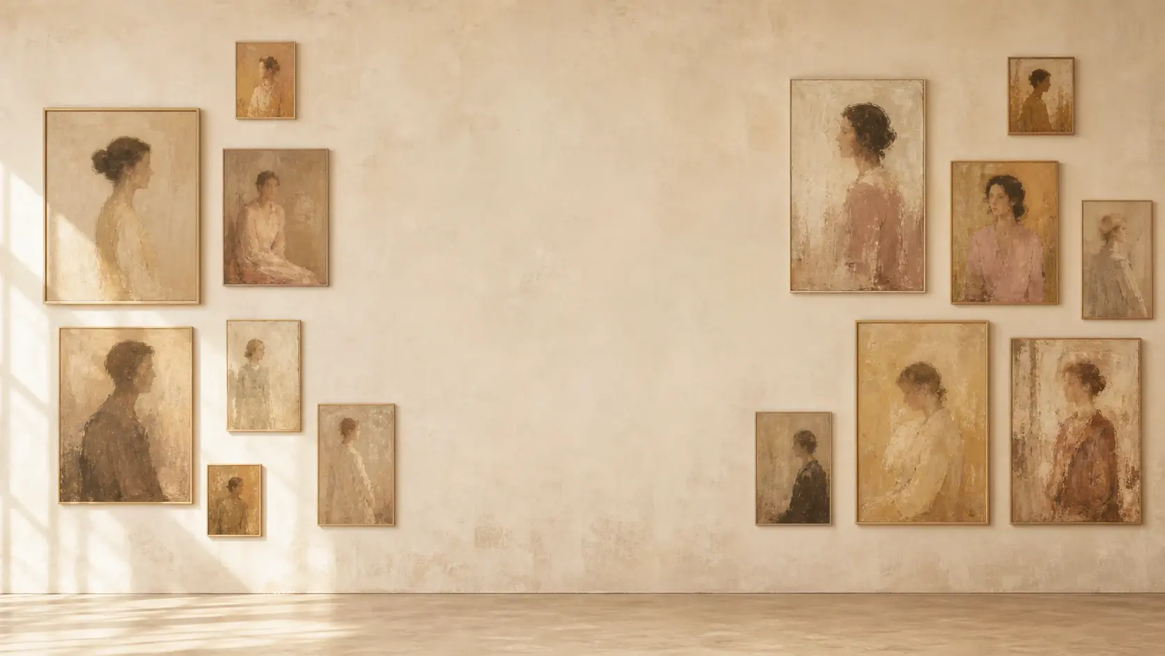 A wide pale gallery wall hung with several painted portraits under soft even daylight