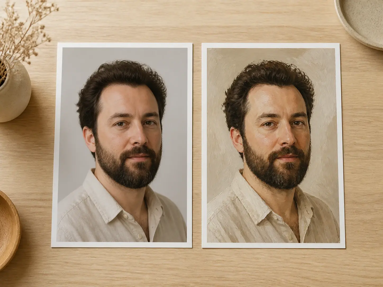 A plain photograph and a painted portrait of the same face resting side by side on a desk