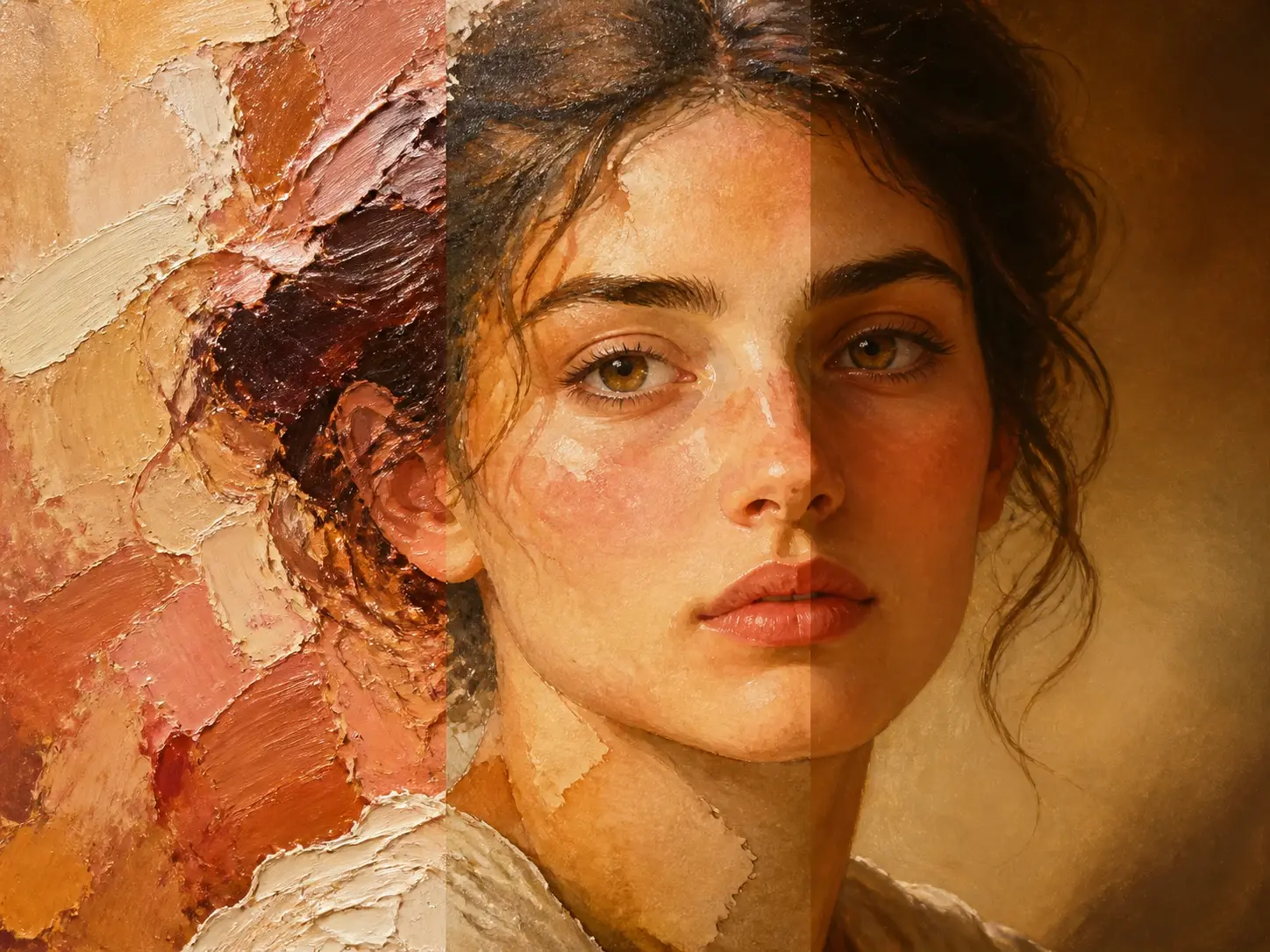 One face rendered three ways as thick oil, washed watercolor and a formal classical portrait