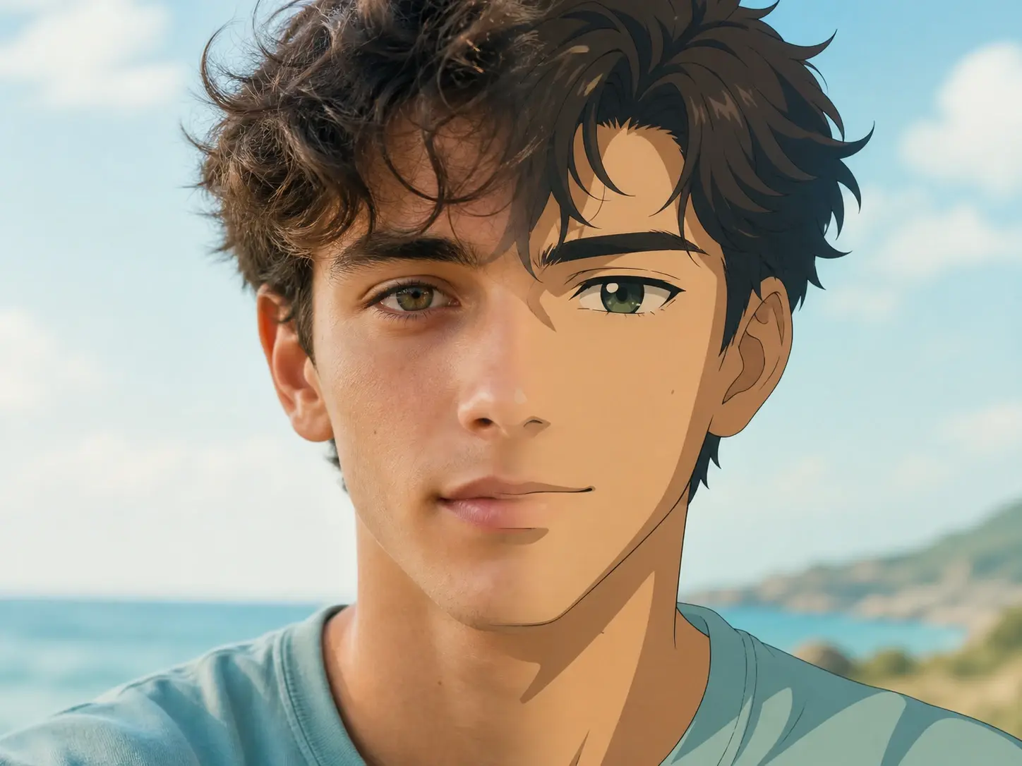 The same young man shown as a lifelike photographic portrait and as a clean cel shaded anime one