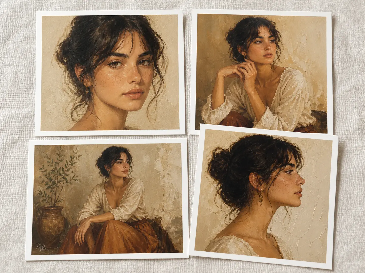 Four painted variations of one sitter arranged together, each with a different pose and crop