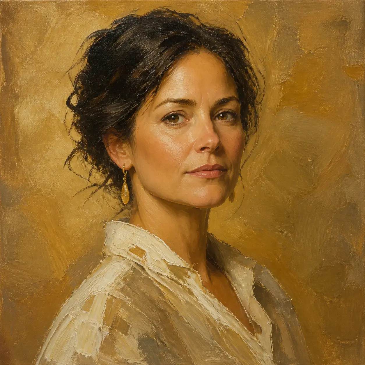 A painted oil portrait of a woman in warm side light with visible brushwork across her shoulder