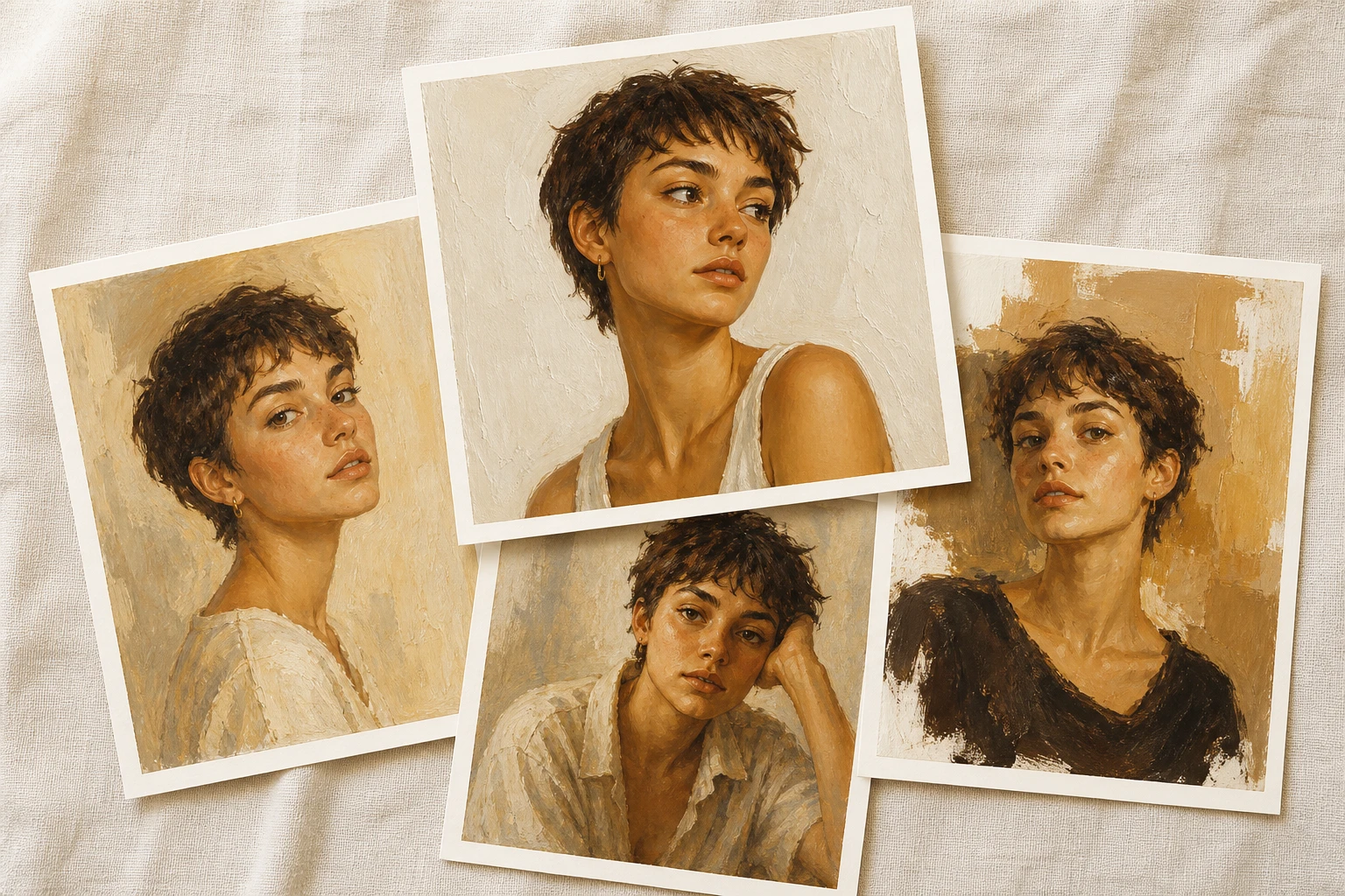 Four finished painted portraits of one sitter laid out with the chosen one lifted forward