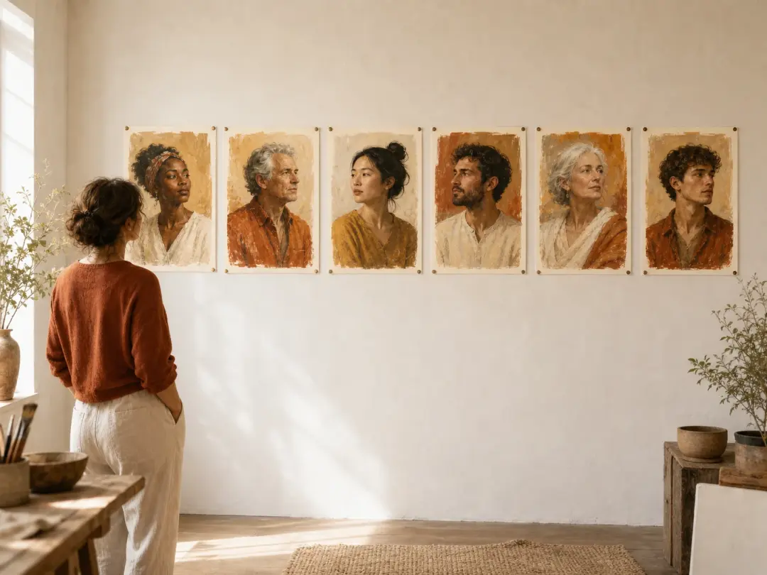 A series of painted portraits sharing one style, pinned together as a creator's feed plan