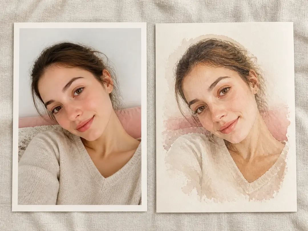 An ordinary selfie shown beside its soft watercolor self portrait version on paper