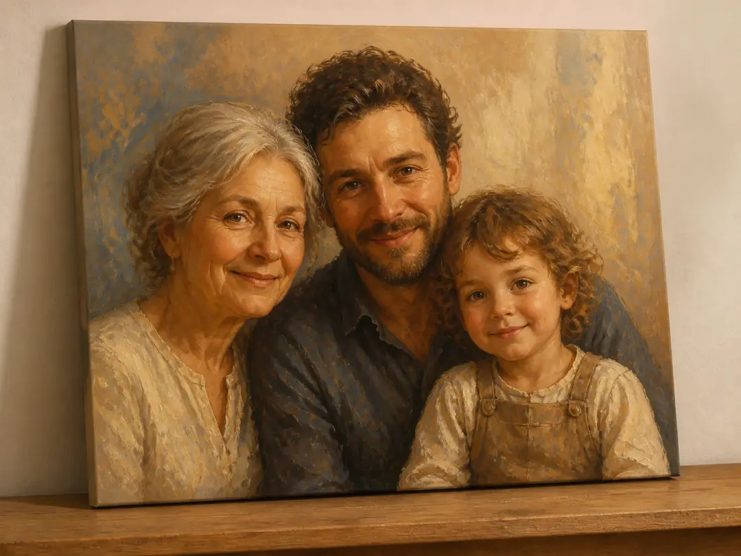 A painted group portrait of three relatives sharing one consistent light and colour