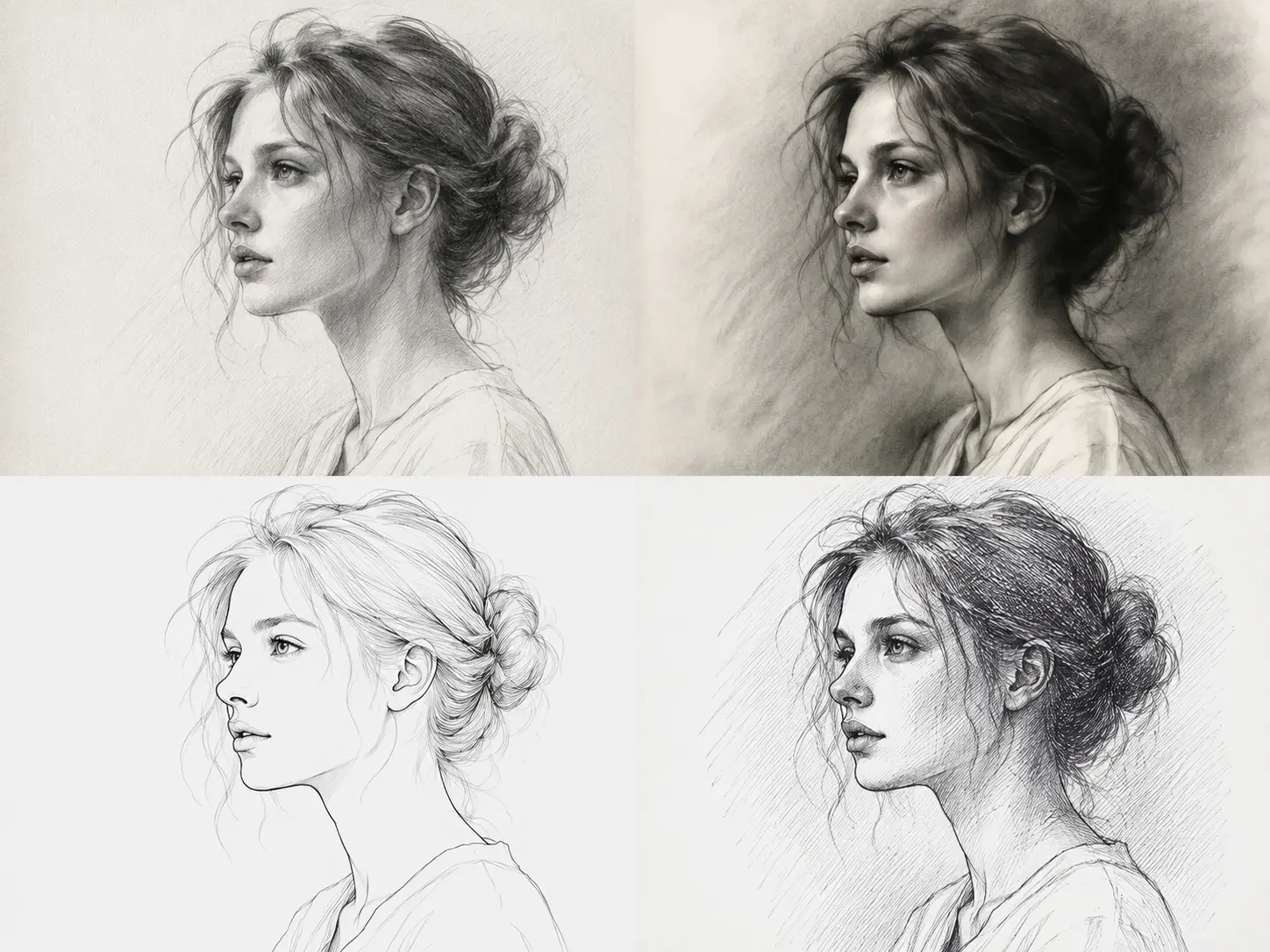 Four sketches of the same subject in pencil, charcoal, line art, and pen hatching
