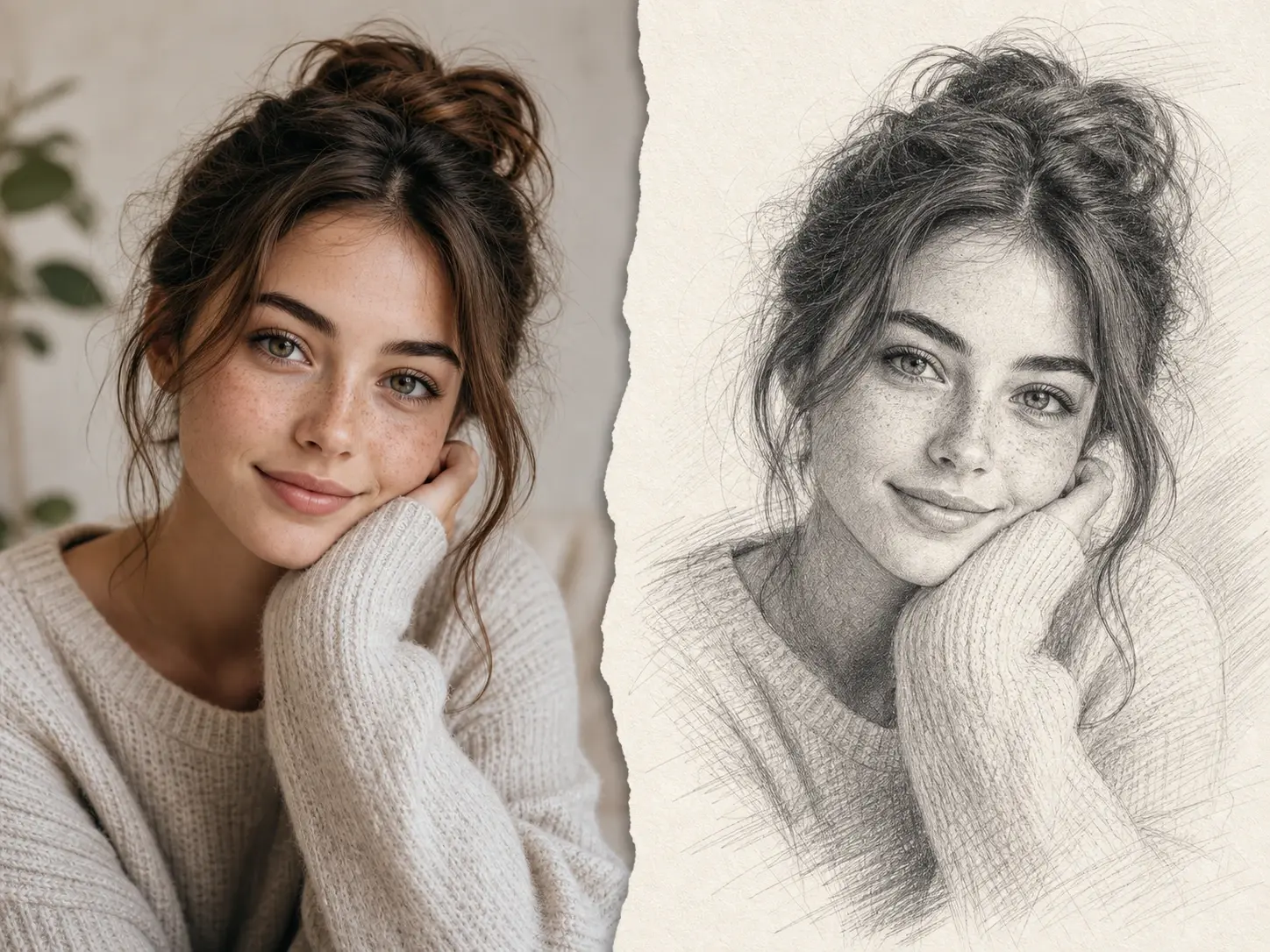 Uploaded photograph on the left redrawn as a precise pencil sketch on the right