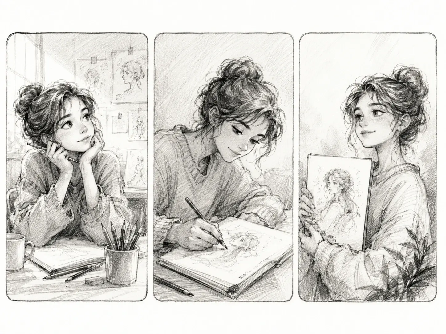 Three story panels showing the same drawn character in consistent pencil style