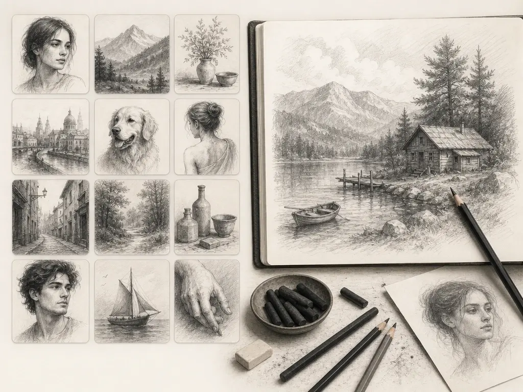 Gallery grid of saved pencil and charcoal sketches with a download option open
