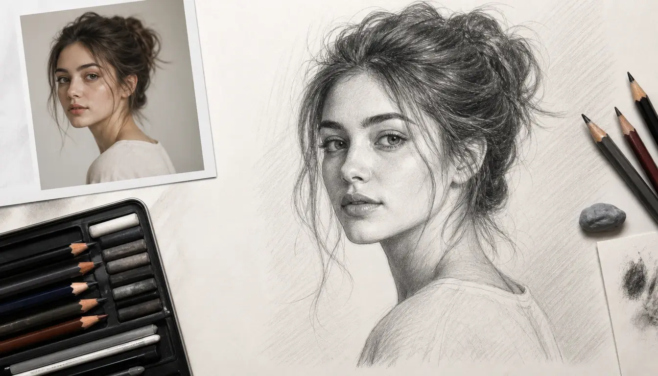 Pencil sketch of a portrait beside the prompt text and photo upload that produced it