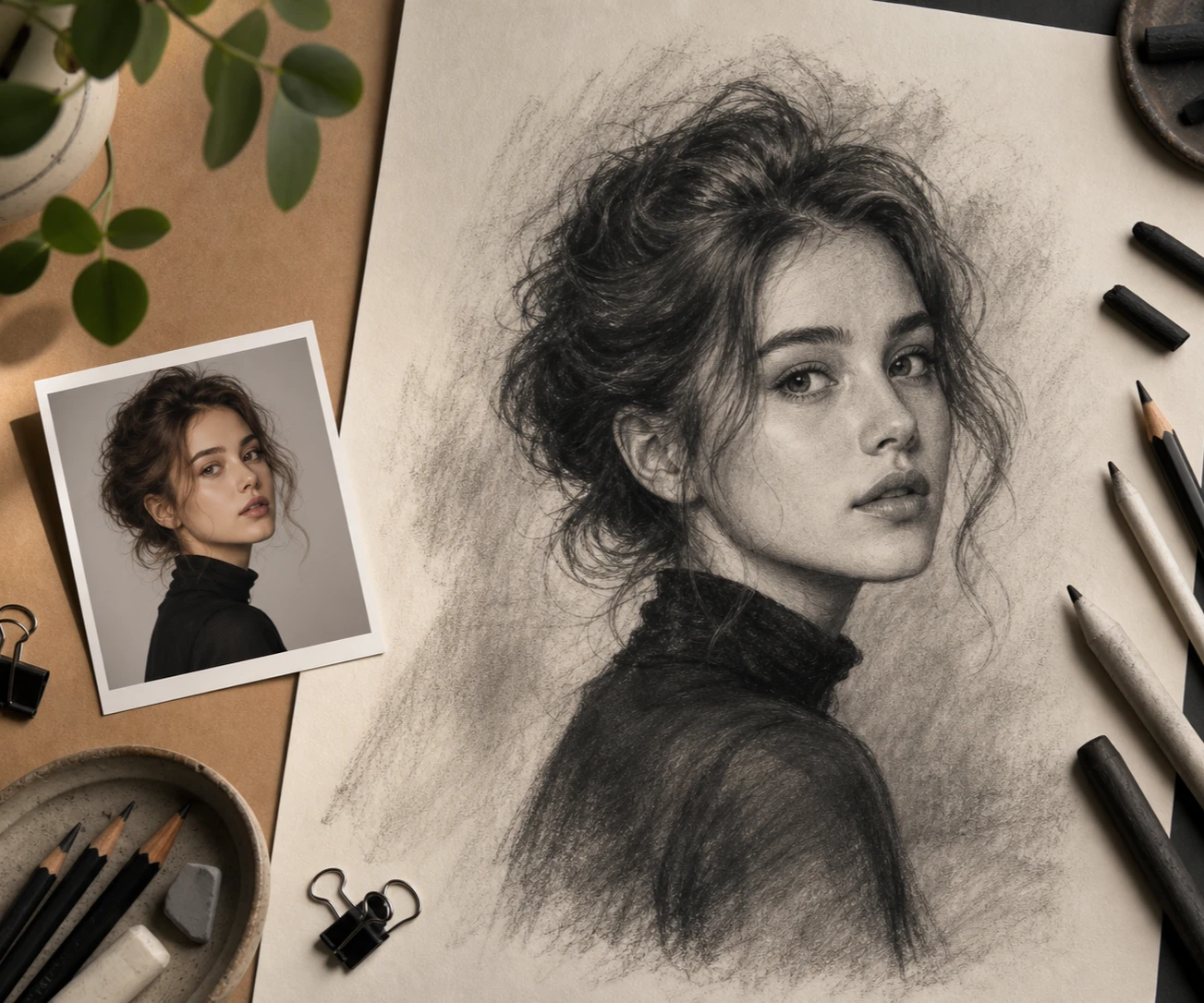 Prompt box describing a charcoal portrait next to an uploaded reference photo thumbnail