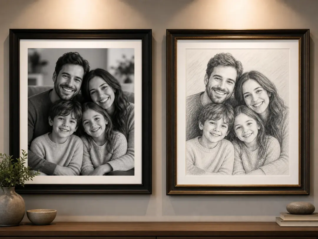 Framed pencil drawing of a family photo hanging on a wall beside the original picture