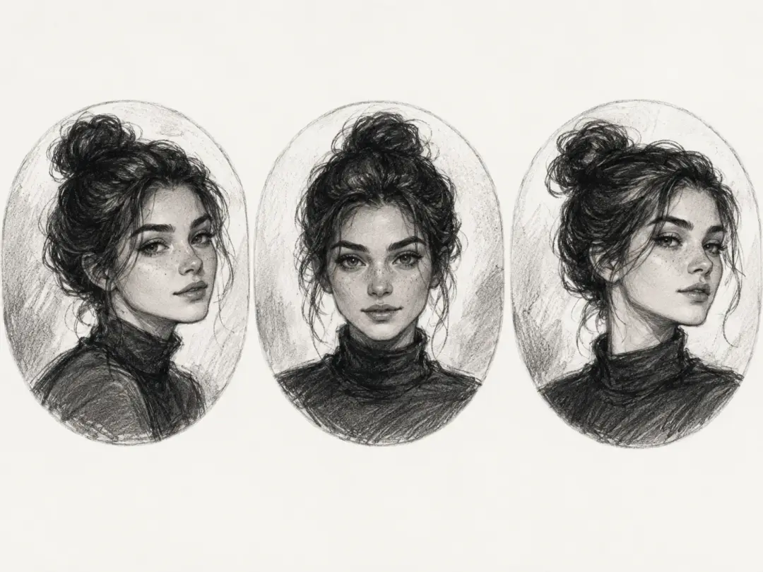 Row of matching charcoal sketch avatars of one character used across social posts