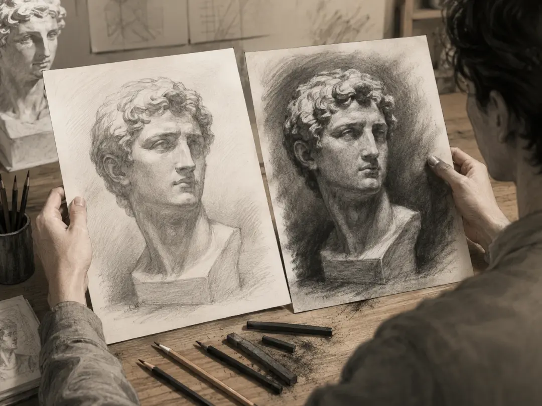 Illustrator comparing two charcoal shading studies of the same subject on a desk