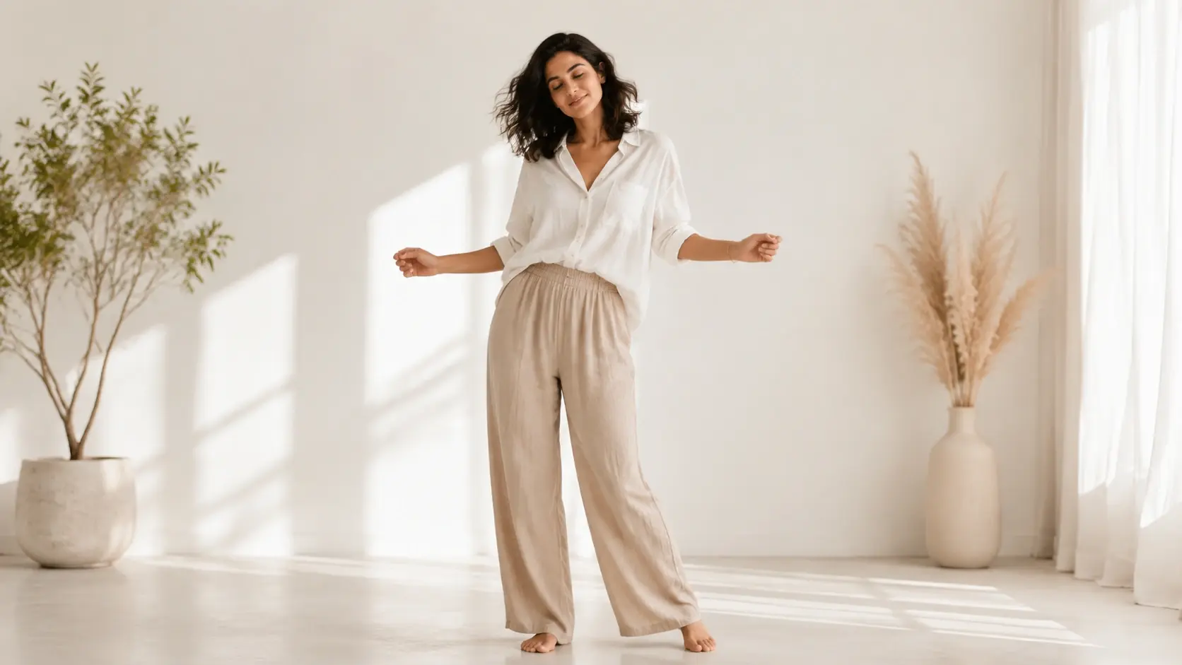 Wide dance scene of an adult subject moving in a gentle sway inside a bright studio