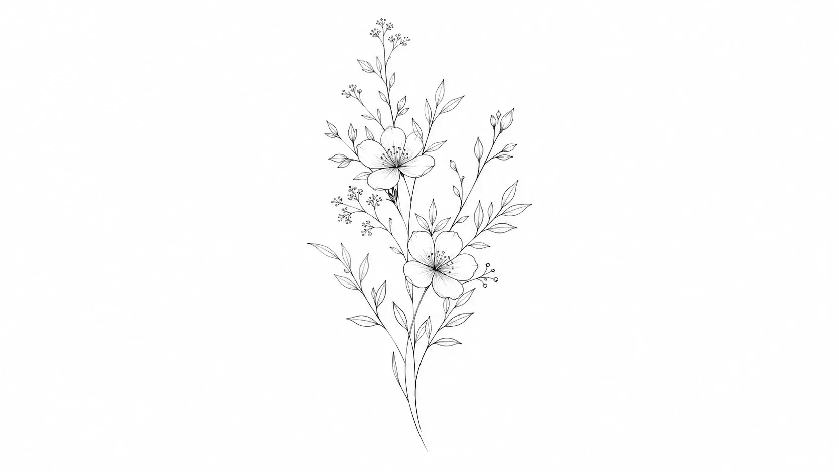 Delicate fine line botanical tattoo illustration with thin single needle strokes on white paper
