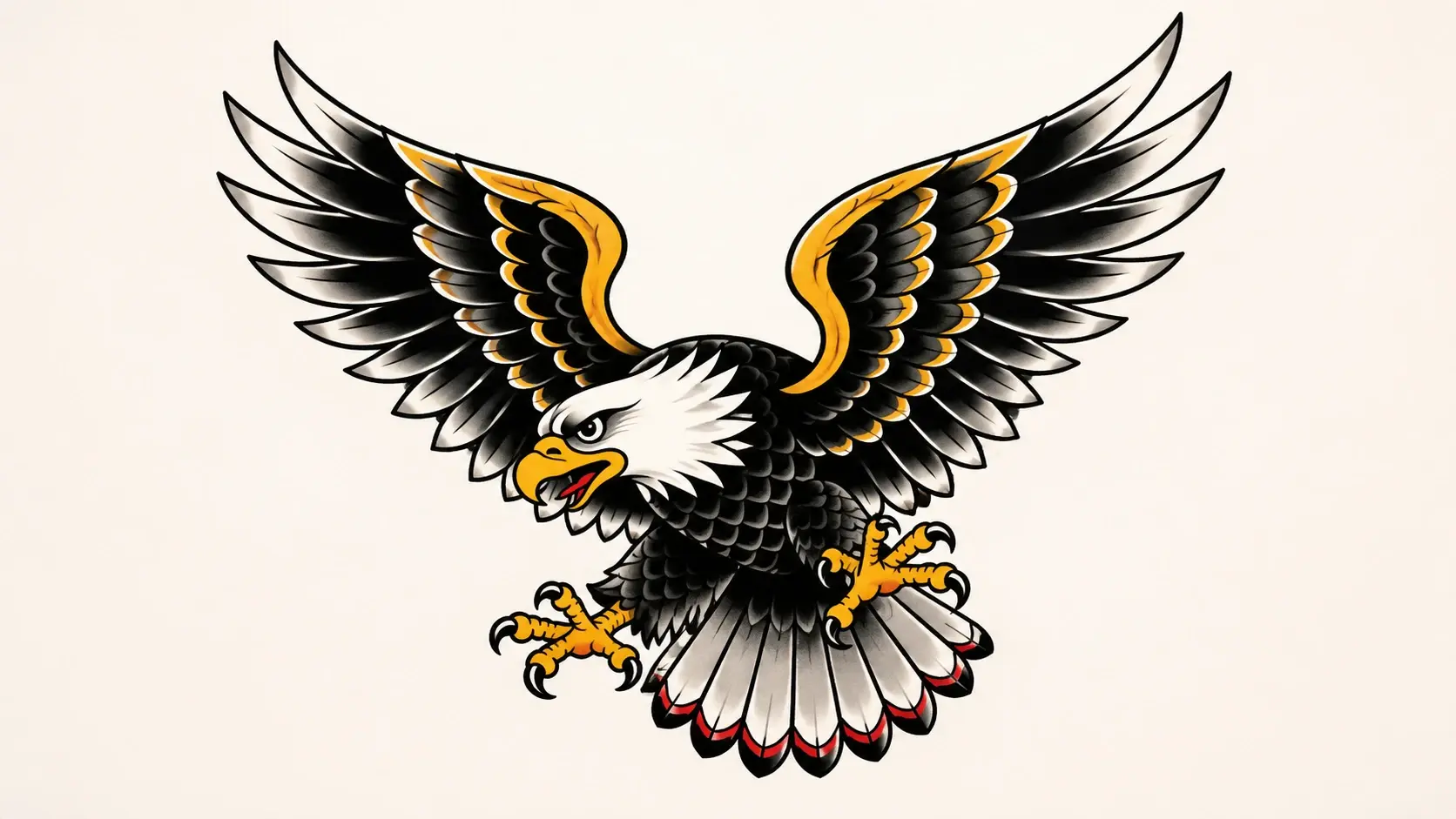 Bold traditional american eagle tattoo design with heavy outlines and solid flat colors