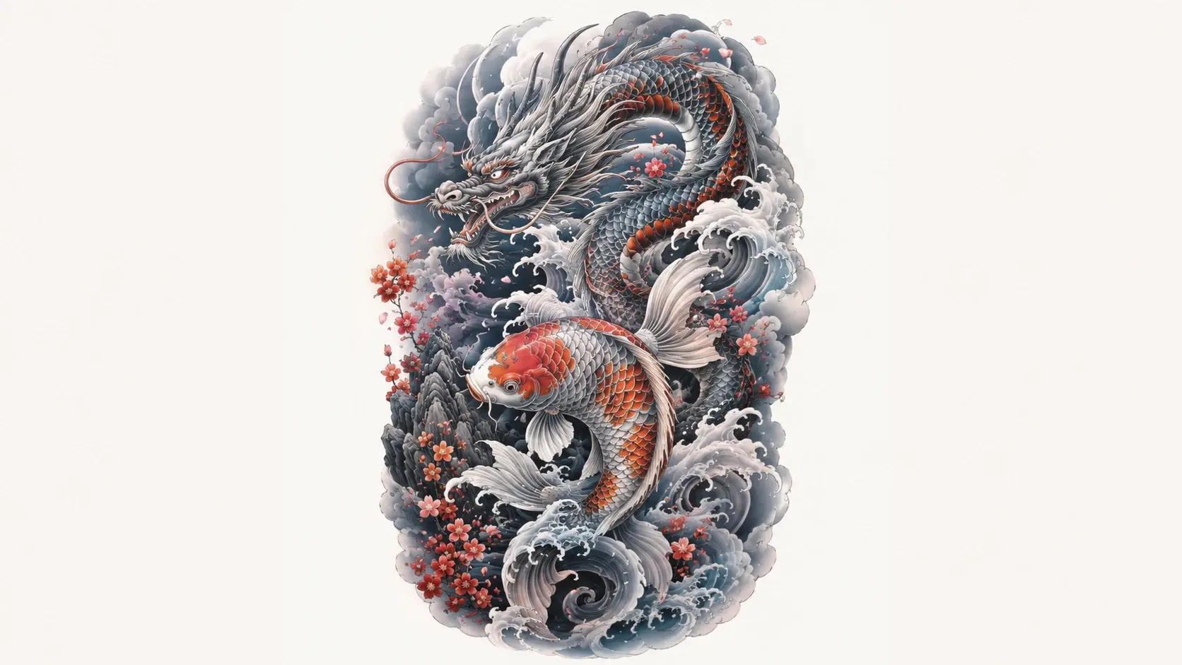 Complex japanese koi fish tattoo pattern with flowing waves and layered irezumi composition