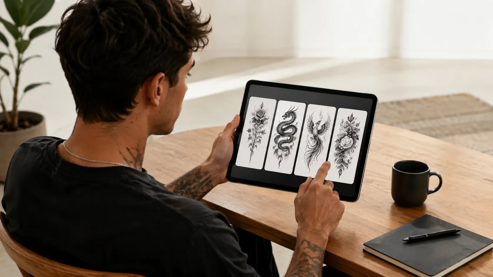 Person reviewing custom ink concepts on a tablet using an ai tattoo generator