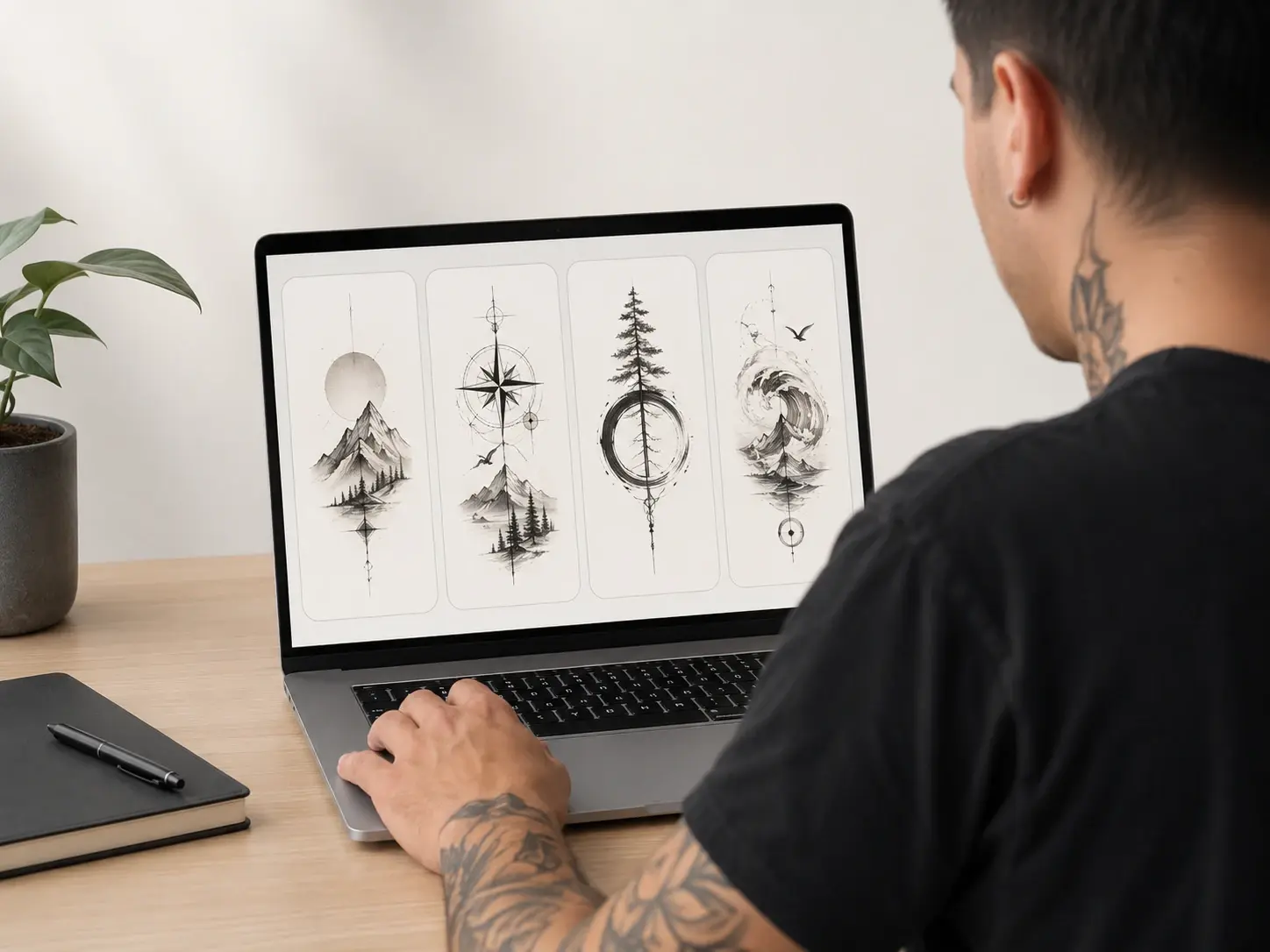 Enthusiast exploring several text to tattoo ink concepts on a laptop screen
