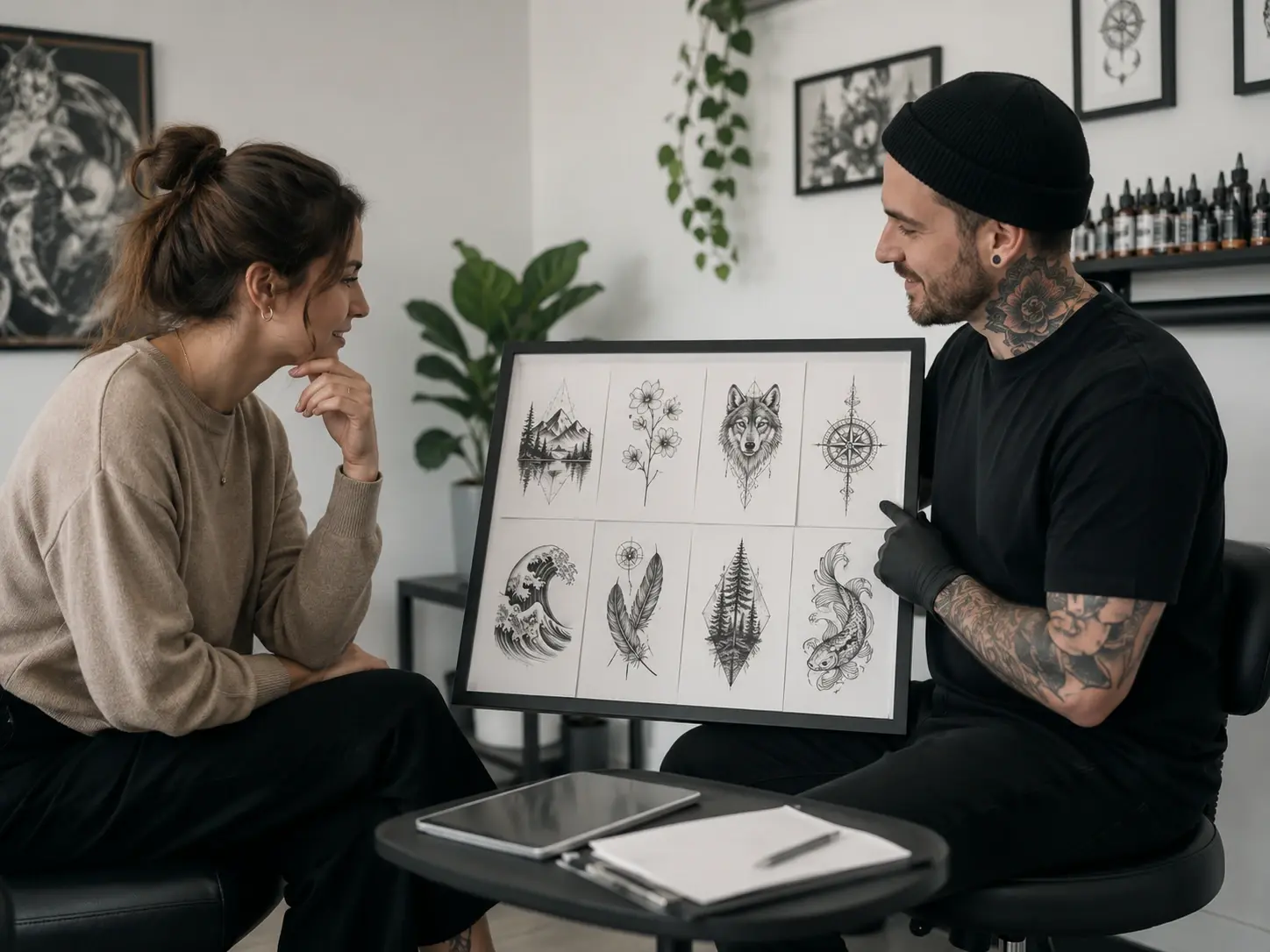Professional tattoo artist showing a board of generated ink concepts to a client in a studio