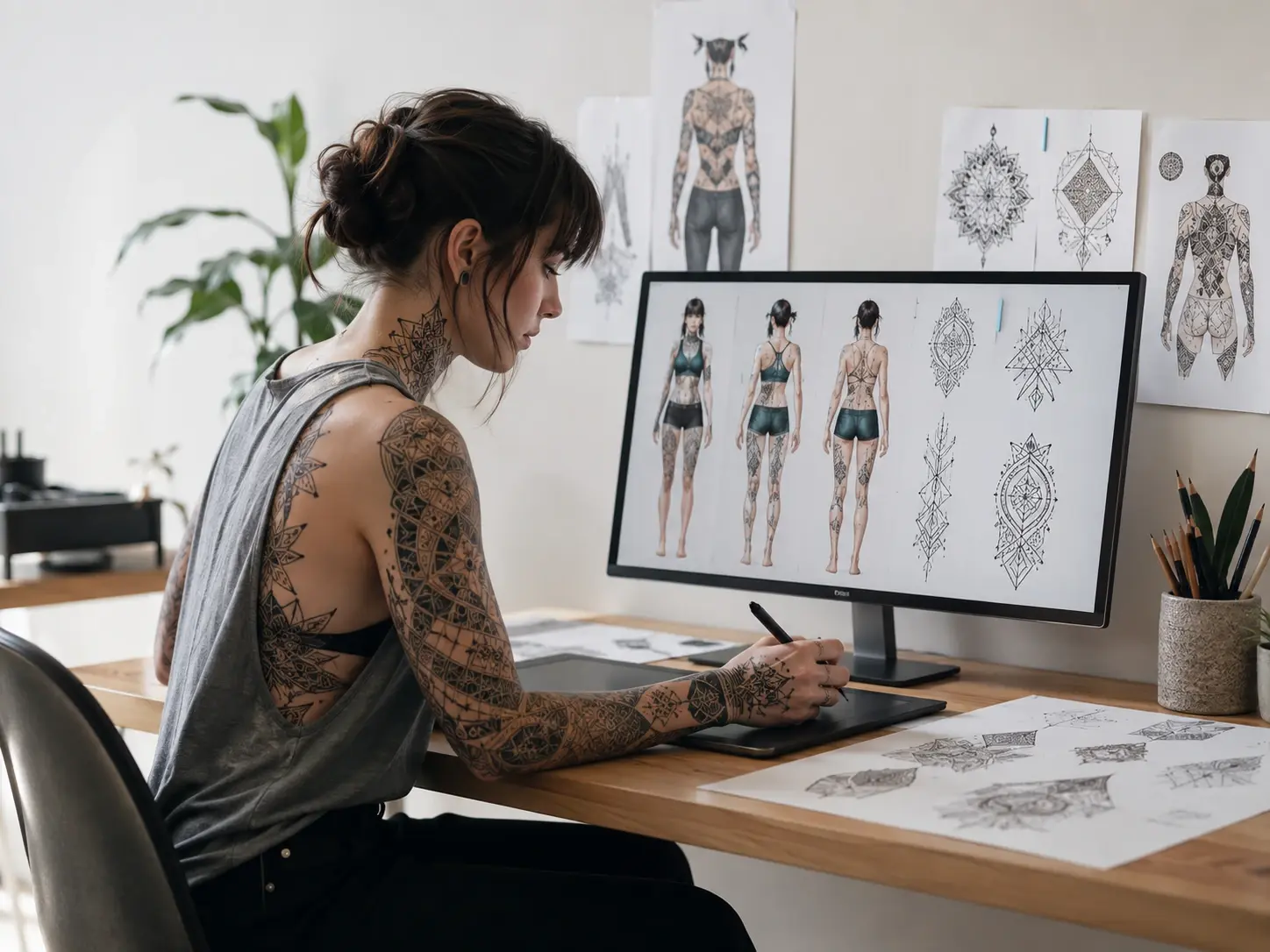 Visual designer generating geometric ink patterns for a character design project
