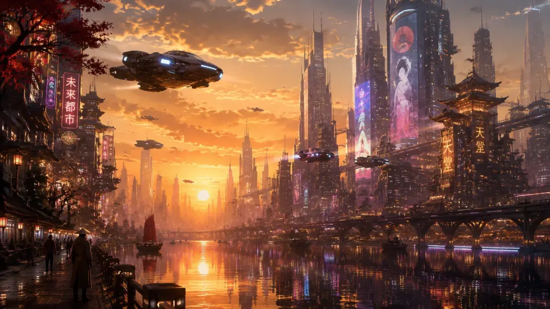 AI generated concept art scene with a futuristic city and atmospheric lighting