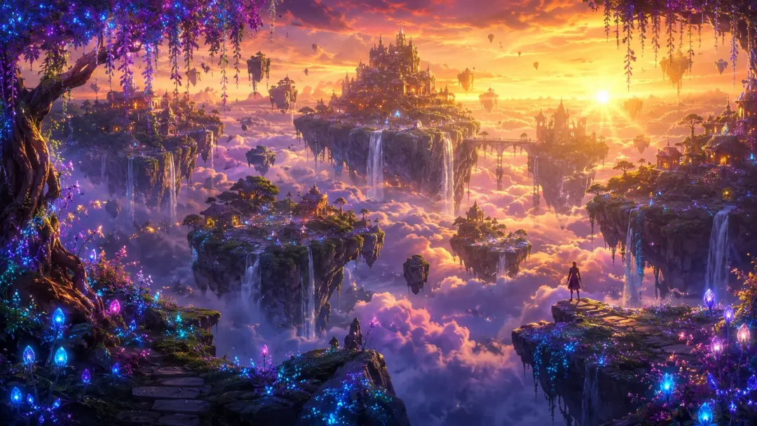 AI generated fantasy landscape with floating islands and dramatic lighting