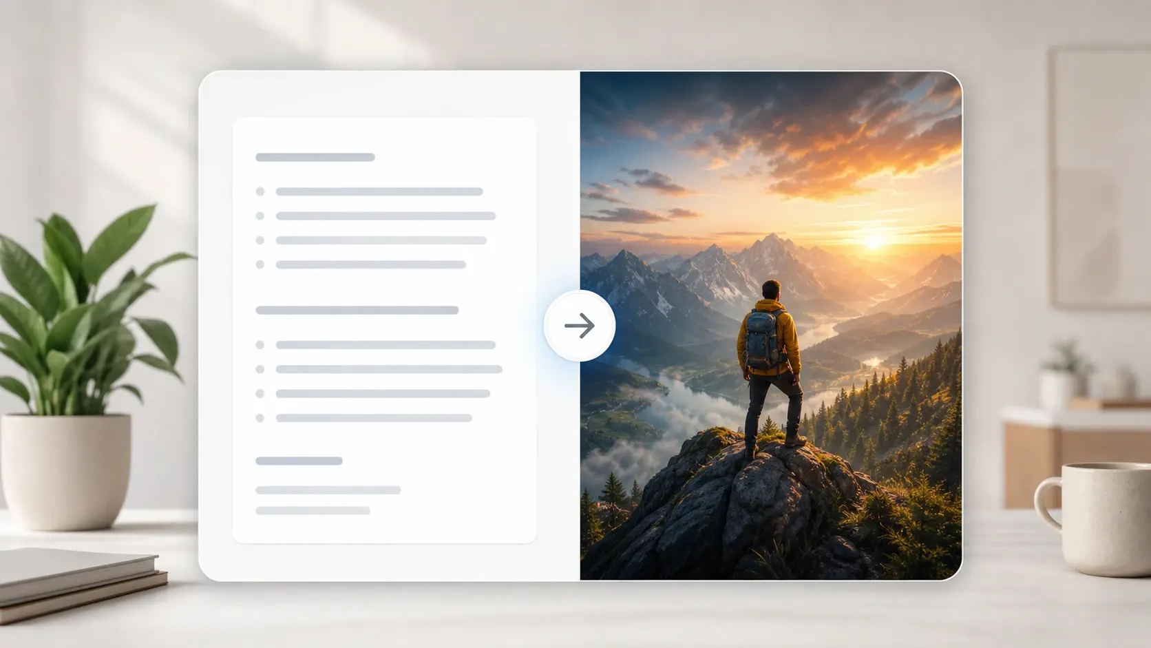 A written prompt beside the generated video cover it produced, subject and headline in frame