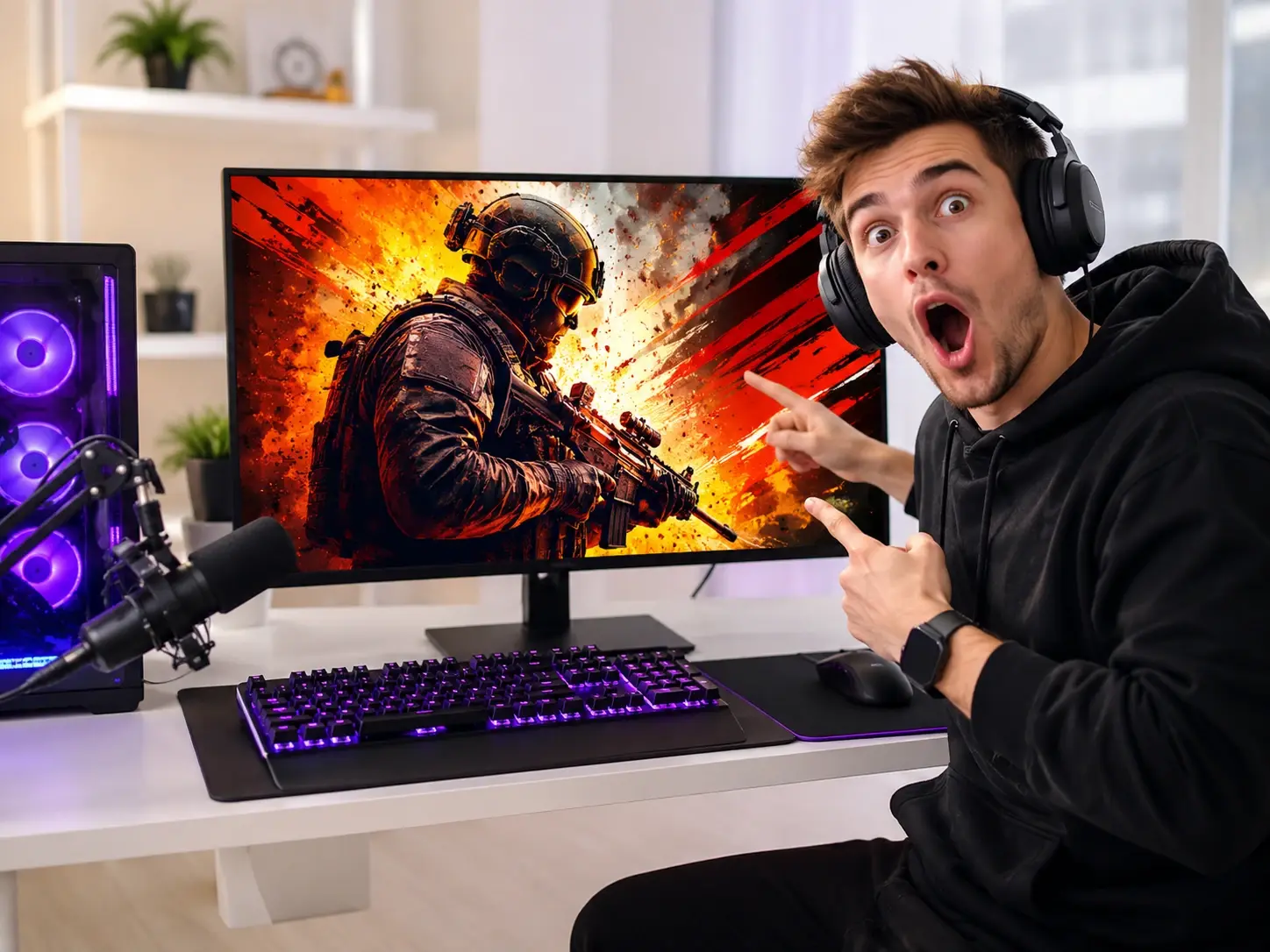 Streamer setup with a bold high contrast game cover and oversized headline on screen