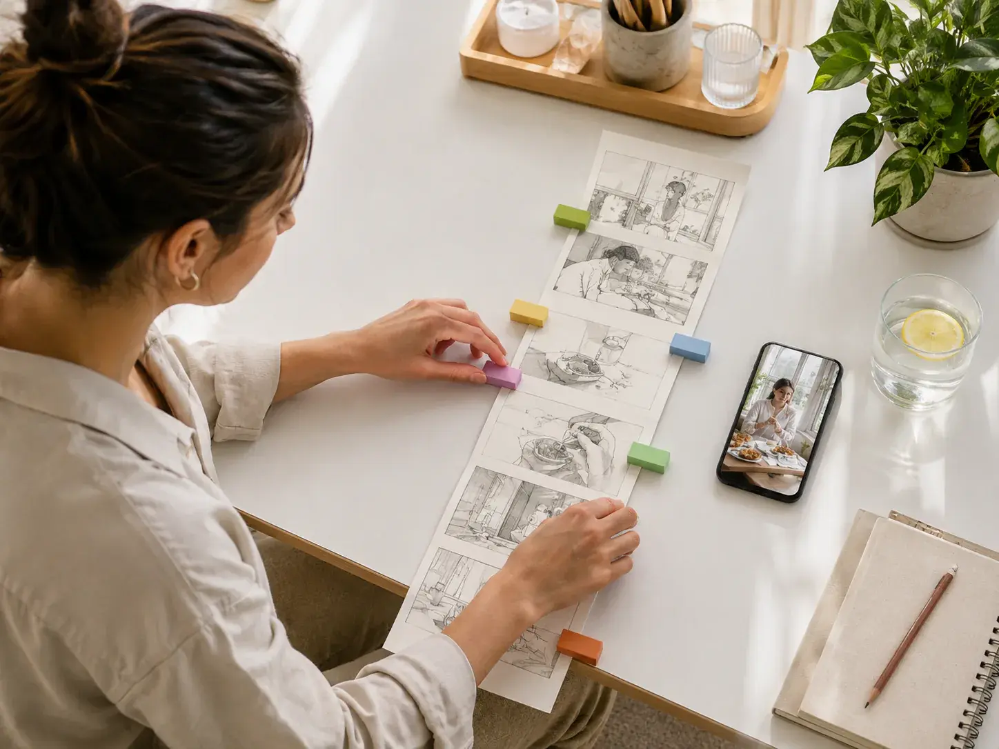 Timed scene plan with reference images and action notes for a vertical clip
