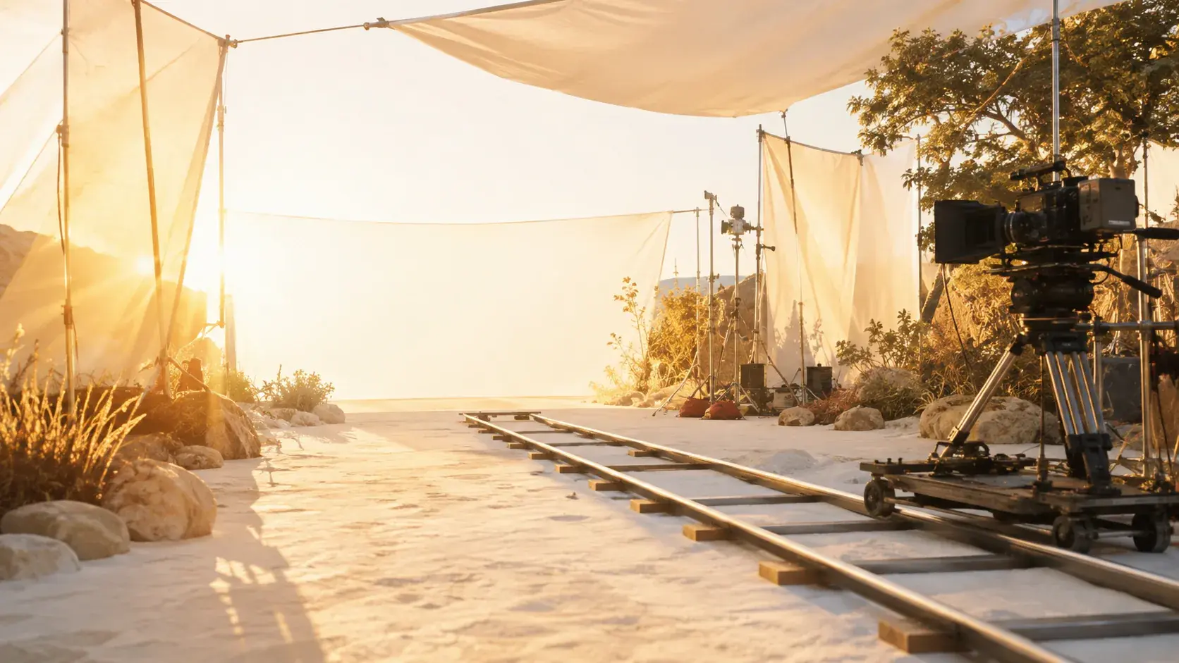 A wide airy film set at golden hour with a pale camera track