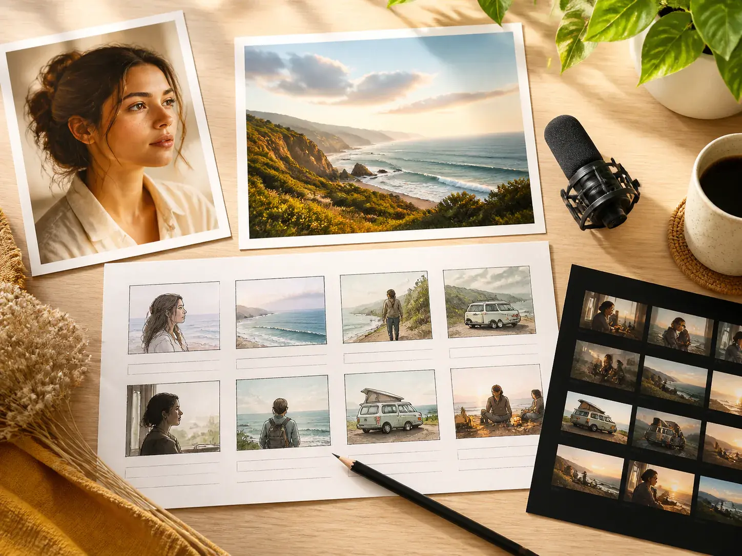 A bright tabletop holding a storyboard of distinct visual references: a portrait photo